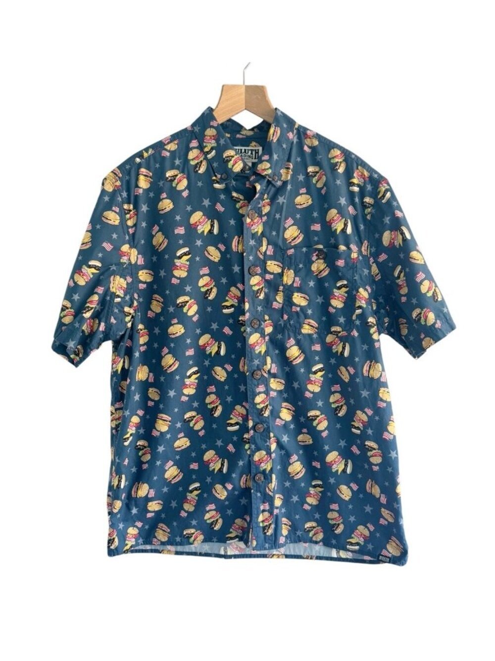Duluth Trading Co. Men’s Sz M Blue Burger Print Relaxed Fit Button Down Shirt